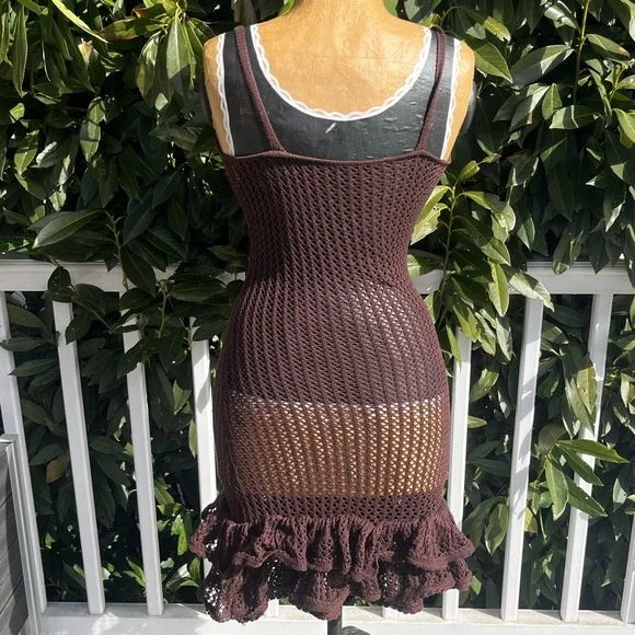 Brown Fishnet; Slip On; Swim Cover Dress; Spaghetti Straps; Ruffled Bottom; L - Picture 2 of 10